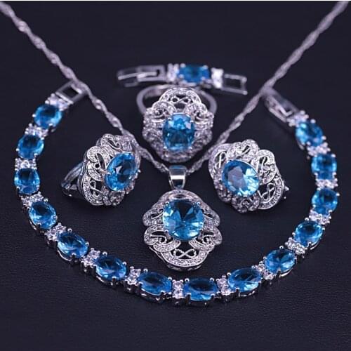 Sky blue silver color costume jewelry set for women hoop earrings ring necklace bracelet set pretty bridal jewelry set