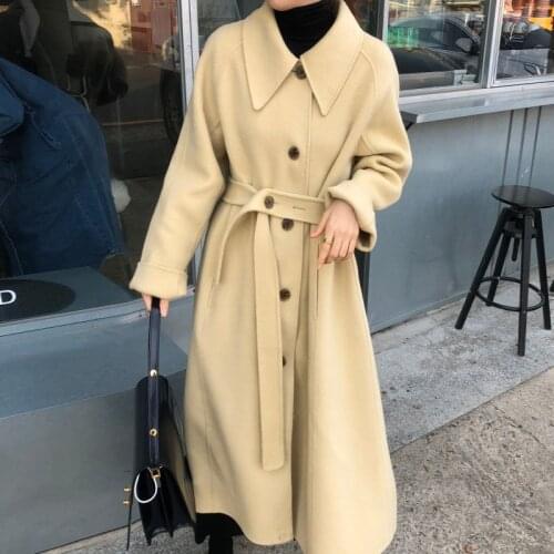 Korea One-Piece WomenS Long Woolen Coat Fall Winter 2021 Retro Elegant Chic Loose Lace-Up Imitation Cashmere Thick Warm Jacket