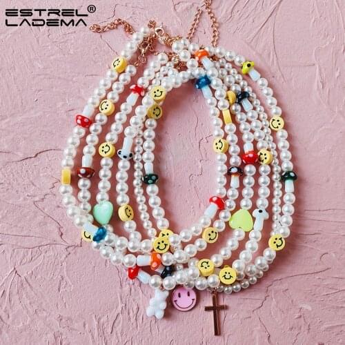 Fashion Smiley Face Mushroom Pearl Beaded Necklace For Women Handmade Cute Colorful Heart Bear Beads Necklaces New Jewelry Gift