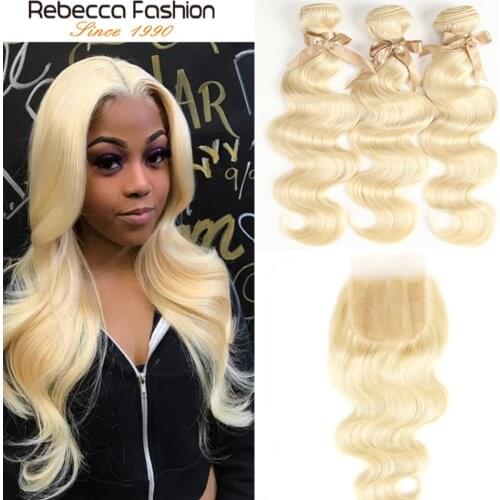 Rebecca Fashion Brazilian Body Wave Human Hair Bundles With Closure 613 Blonde Bundles With Closure 3 Bundles With Closure