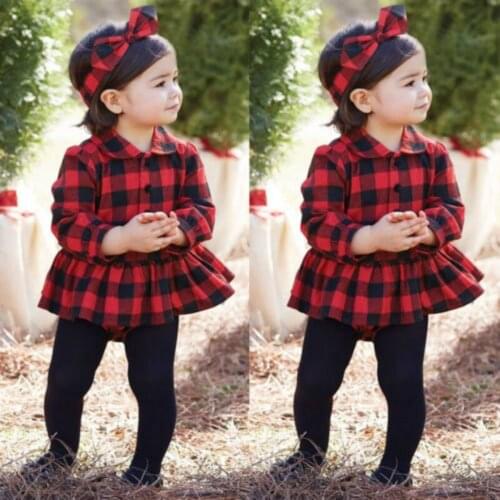 Fashion Newborn Girl Button Jumpsuit Bodysuit Cotton Outfits Baby Plaid Long Sleeve Christmas Clothes