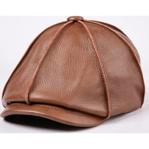 Mens Genuine Leather Hat Male Cow Cap Male Cowhide Warm Baseball Cap Adult Ear Protection Outdoor Octagonal Hat B-7207