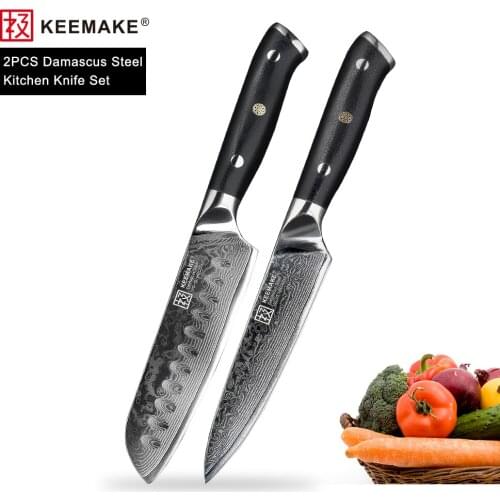 KEEMAKE 2PCS Kitchen Knives Set 5'' Santoku Utility Knife Japanese Damascus VG10 Steel G10 Handle Meat Fruit Cutter Chefs Knife