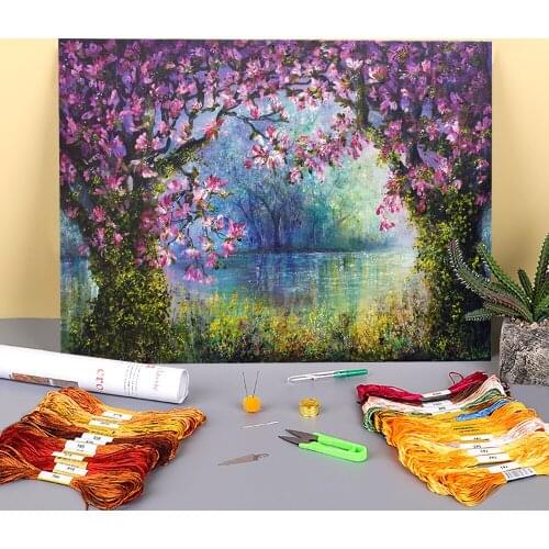 Natural Scenery Magnolia Spring Printed Water-Soluble Canvas 11CT Cross-Stitch DIY Embroidery Set DMC Threads Counted