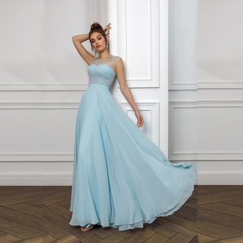 Latest Charming Sky Blue Long Evening Gowns Chiffon Cap Sleeves Illusion Jewel Neck Beading Wedding Party Dresses Back Out
