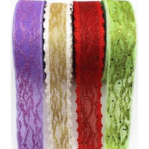 New 1-1/2 38mm lace ribbon 5y 10y 20y DIY handmade material double layer tulle shiny tiara fashion edge Net yarn Mosaic gold bow