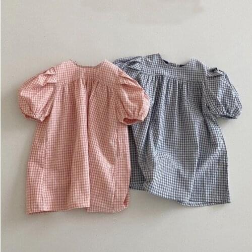 Simple Check Puff Sleeve Loose Girls Dress 23D177