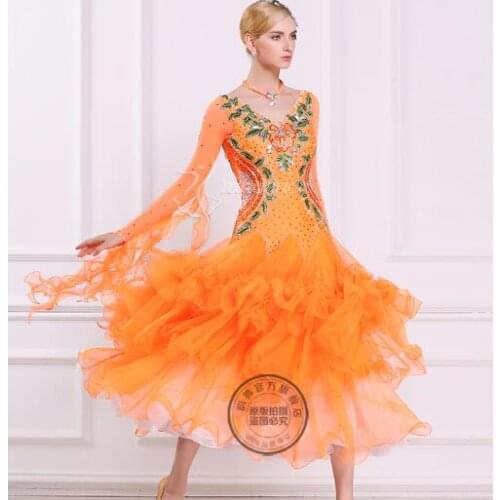 Orange rhinestone customize custom back cutout standard ballroom Waltz tango Fox trot Quick step Ballroom Modern competition Dr