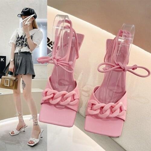 MCCKLE Women Sandals Ankle Strap Square Toe Chain Womens Sandals Female High Heels Summer Shoes Ladies Party Plus Size 2021