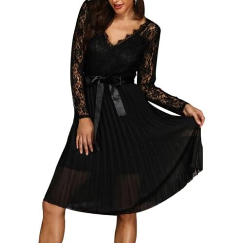 Sexy Party Dress Autumn 2020 Women V-neck Long Sleeve Perspective Lace Pleated Mini Dresses Sashes Elegent Dress Black Vestidos