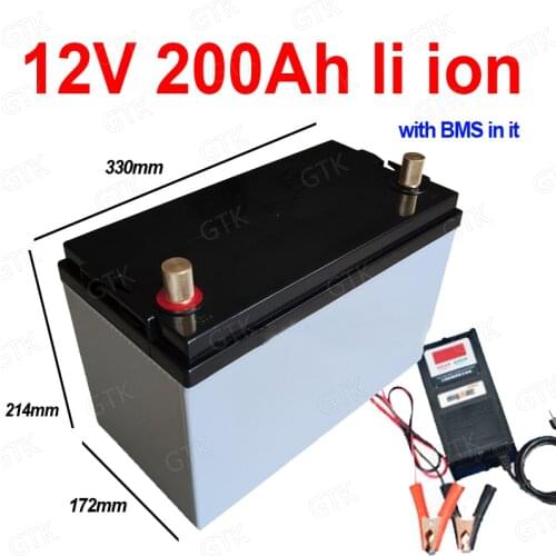 Waterproof 12v 200Ah lithium ion battery 200Ah li ion with BMS for RV UPS inverter solar stem power supply cart + 20A Charger