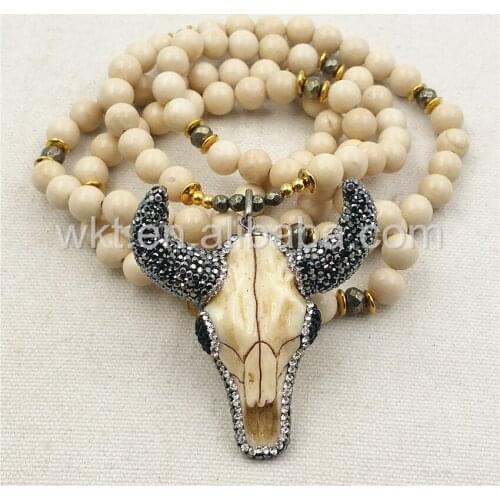 WT-N859 All-Match Fashion 8mm Cream stone Beads Buffalo Head Necklace ,32" Beads Resin Buffalo Head Necklace in high quality