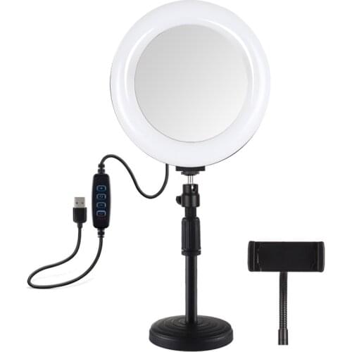 PULUZ 7.9 inch 20cm Mirror Light + Round Base Desktop Mount 3 Modes Dimmable Dual Color Temperature LED Curved Light