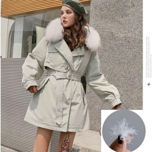 Women Causal Hooded Down Jacket Vintage Winter Warm 90% White Duck Feather Waistband Coat Fur Collar Puffer Overcoat