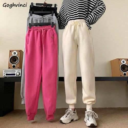 Women Casual Pants High Quality Solid Simple High-Waist Drawstring Bundle Trousers Plus Velvet Thick Soft Slim Ankle-length Chic