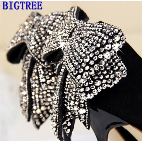 BIGTREE Sweet Crystal Butterfly-knot Women Pumps Solid Flock Fashion Shallow High Heels Shoes Womens Party Shoe Pointed Toe