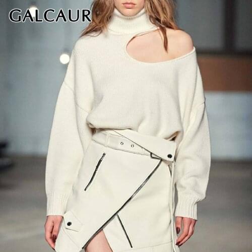 GALCAUR Casual Loose Sweater For Women Turtleneck Long Hollow Out Off Shoulder Long Sleeve Knitted Sweaters Female 2020 New Tide