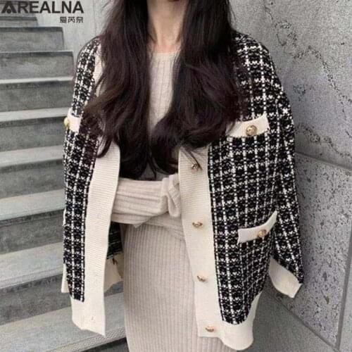Autumn Winter Knitted Female Cardigan Loose Streetwear Knit Sweater Coat Houndstooth V Neck knitted cardigan Women Jacket