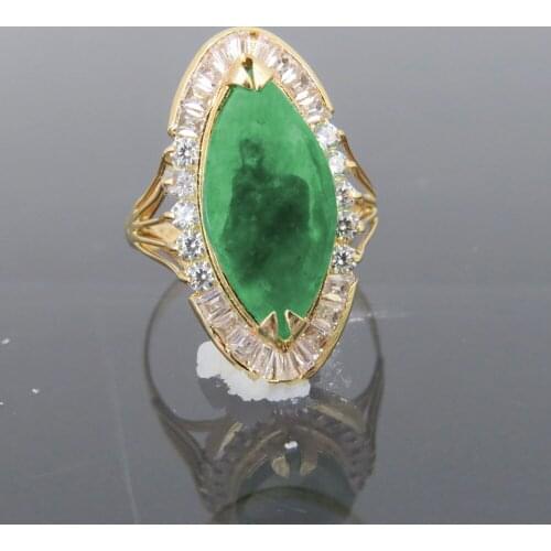 Solid 14K Yellow Gold Natural Emerald Green Jade & White Moissanite Halo Engagement Wedding Ring For Women