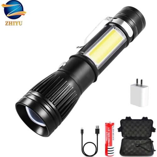 ZHIYU Rechargeable USB LED Flashlight with Side Light Glare Electric Torch USB Rechargeable Camping Torch Use 18650 Battery