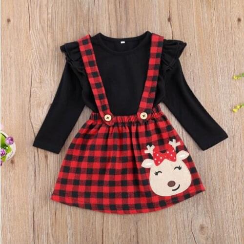 2020 Christams Clothes Fashion Solid Color Long Sleeve T shirt Top Fawn Embroidery Plaid Suspender Skirt Girls Xmas Costume