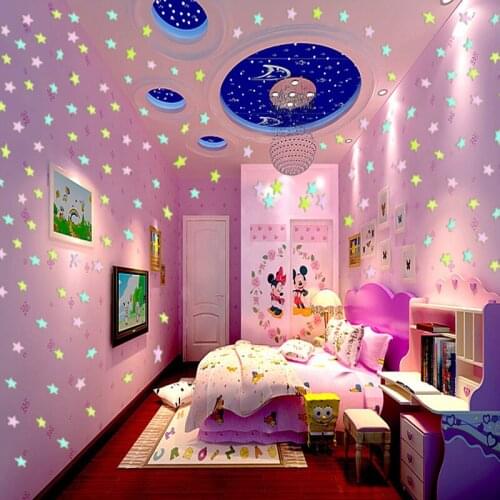 3D DIY luminous stars wall stickers 100pcs TV wall paper decorative painting PVC fluorescent 3CM stickers wall decor bedroom
