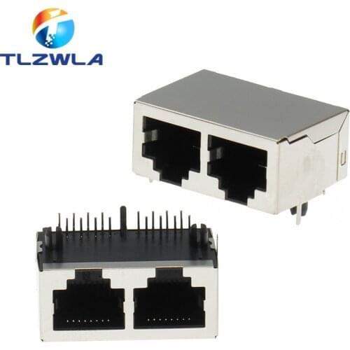 5PCS 1*2 RJ45 Metal 16 Pin Female PCB Right Angle Board Jack Connector 8P8C Crystal Head Socket 1x2 21mm Network Interface