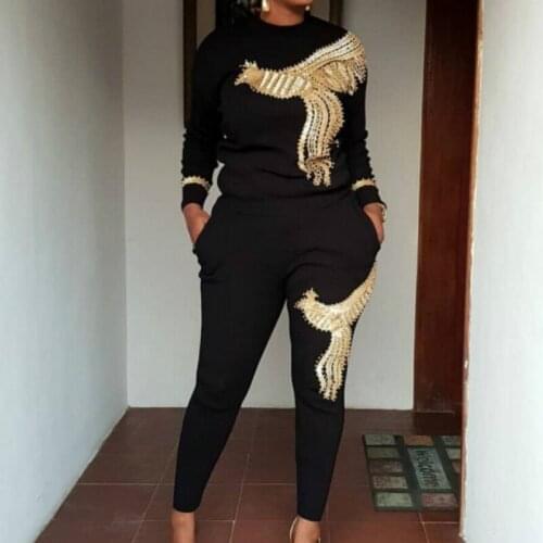 African Sets For Women 2021 Long Sleeve Beading Sequined African Elastic Bazin Baggy Pants Rock Style Dashiki Famous Suit Lady