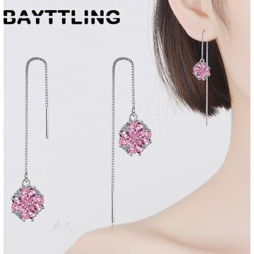 BAYTTLING 925 Sterling Silver Luxury Zircon Flower Long Drop Earrings For Women Fashion Wedding Jewelry Couple Gift