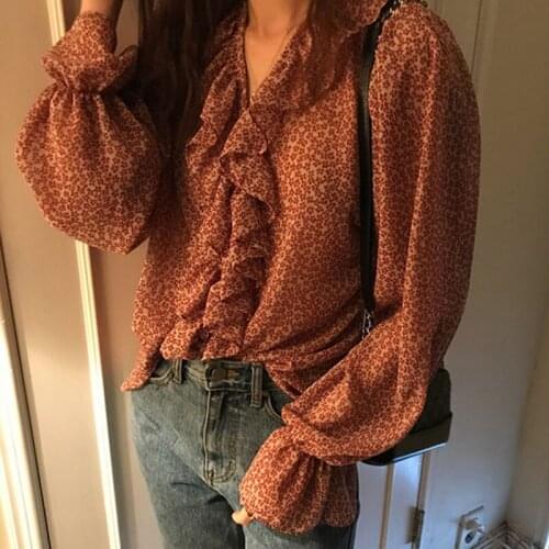 Print Floral V-neck Pullover Chiffon Blouses Flare Long Sleeve Ruffle Women Elegant Shirt Spring Korean Lady Blusas Tops