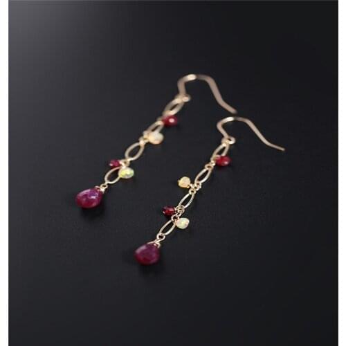 DAIMI Ruby earrings female natural 14K gold Injection opal tassel ear line gift customization