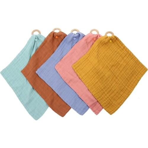 Baby Soother Appease Towel Bibs with Wooden Teether Ring Solid Color Bandana Burp Cloth Infant Toys Shower Gifts