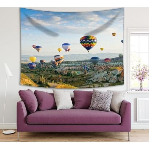 Tapestry Colorful Hot Air Balloons over valley Volcanic Mountains Goreme National Park Cappadocia, Turkey Blue Lime Green