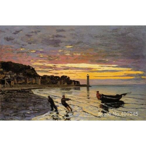 Painting by Claude Monet Hauling a boat ashore honfleur Redroom decor oil on Canvas Handmade High quality