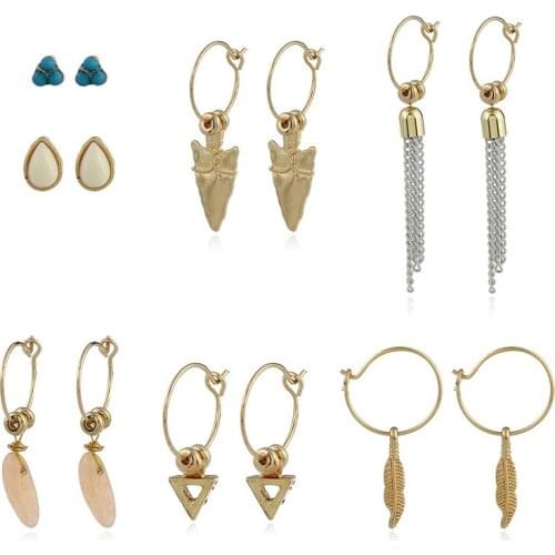 7 Pairs Set Gold Color Alloy Natural Stone Hoop Earrings Vintage Mixed Chain Triangle Feather Earring Set For Women Jewelry