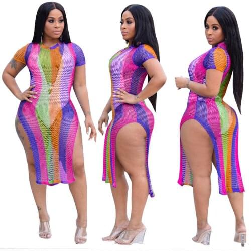 2021 Fashion Multicolor Knitted Dress Ladies Sexy Tight-Fitting Double-Slit Mid-Length Skirt Club Suit