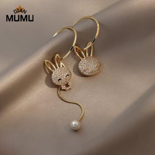 Fashion Women Asymmetrical Earring Sweet Cute Bunny Pearl Pendant Hanging Hoop Earrings Jewelry Accessories Gifts