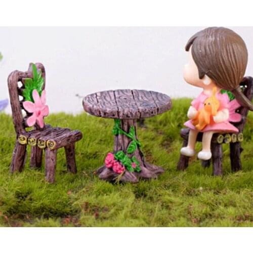 3 Pieces Miniature Table and Chairs Set, Fairy Garden Furniture Ornaments Kit Home Micro Landscape Decoration(No doll