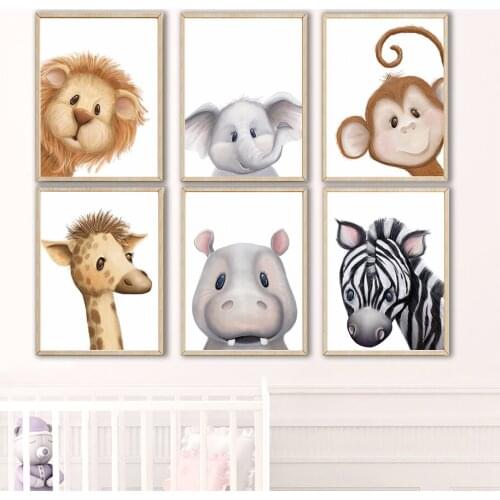 Lion Zebra Giraffe Hippo Elephant Monkey Wall Art Canvas Painting Nordic Posters And Prints Animal Wall Pictures Kids Room Decor