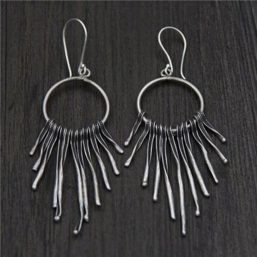 Real 100% 925 Sterling Silver Ethnic Earrings Ethnic Dangle Drop Twisted Tassels Thai Silver Retro Style Fine Jewelry Free Ship