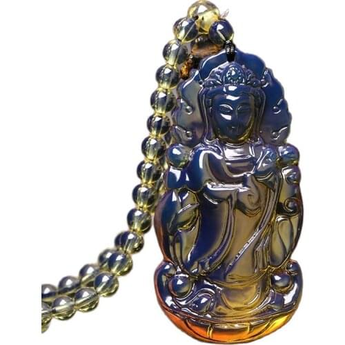 Natural Domi Blue Potter Pendant Sweater Chain Raw Mineral Honey Wax Amber Mens Guanyin Necklace Pendant