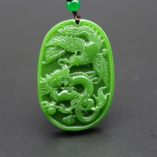 Natural Green Jade Dragon Phoenix Pendant Necklace Chinese Carved Charm Jewelry Fashion Amulet for Men Women Lovers Lucky Gifts