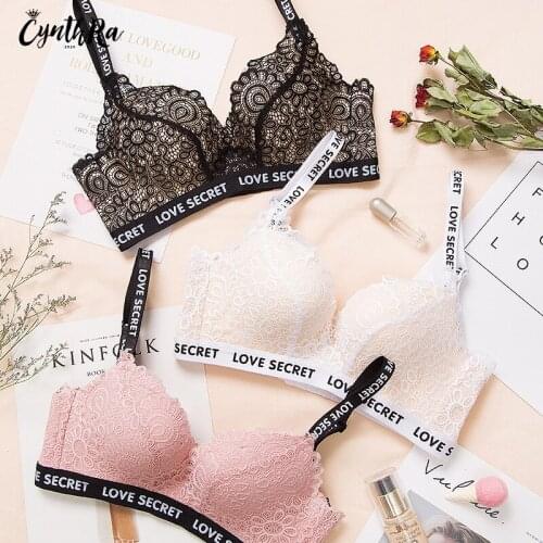 Push Up Underwear Sexy Lace Letter Printing Bralette Adjustable Wire Free Bras Small Breast Femme Cute Lingerie Free Shipping