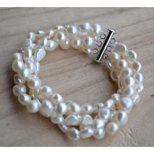 New Arrival Favorite Real Pearl Bracelet 4 Rows 6-8mm White Genuine Freshwater Pearls Jewelry Magnet Clasp Charming Lady Gift