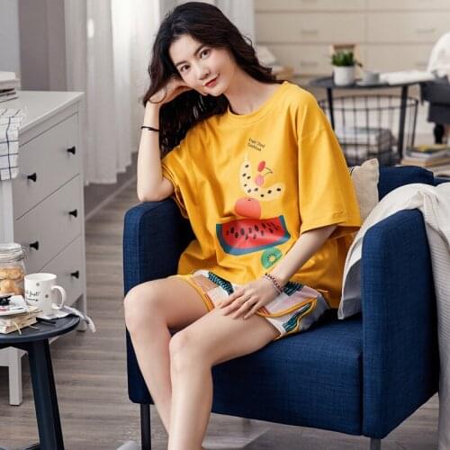 Pajamas Set Round Collar Women Pyjamas Summer Cartoon Night suit Cotton Home Wear Casual Nightwea
