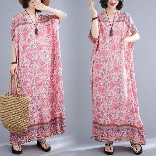 Vintage Summer Pink Floral Print Long Dresses For Women Oversize Loose Casual Bohemian Sundress Female Beach Large Size Dress