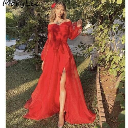 Prom Dresses Long Sleeves V-Neck A-Line Side Slit Tulle Pleated Prom Dresses With Zipper Back vestidos de fiesta de noche