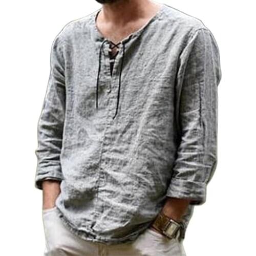 Casual T-shirt for Men Loose Long Sleeve Woven Fabric Male Tee Shirts Solid Color Lace-up V Neck Men Tshirt Sweatshirt