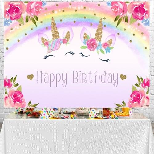 Sensfun Unicorn Happy Birthday Party Round Backdrop Newborn Children Portrait Purple Flowers Baby Shower Photography Background