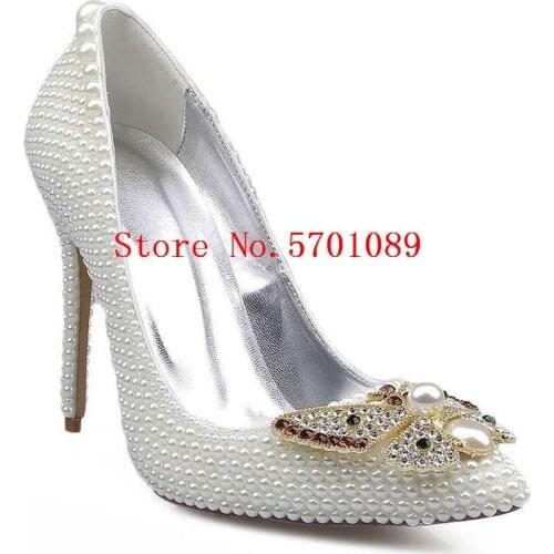Wedding Shoes White Pearls High Heel Butterfly Pointed Toe Stiletto 10cm Heel Bride Shoes Genuine Leather Pearl Studs Pumps